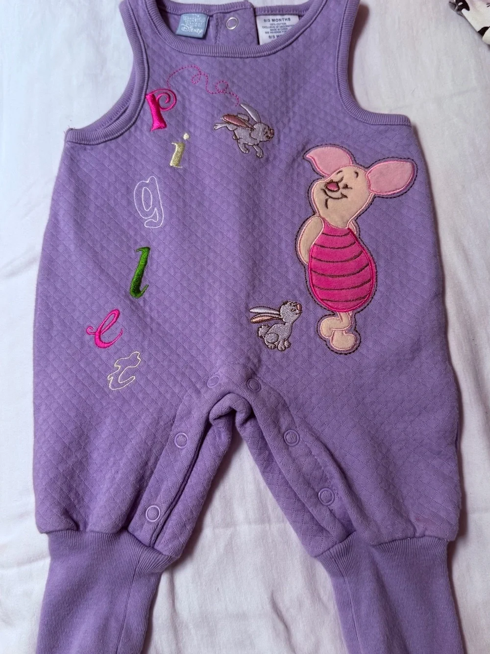 Vintage Y2K Disney Applique Embroidered Piglet Lavender One-Piece Romper
